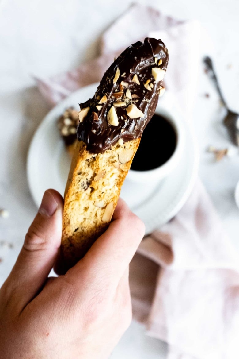 close up of chocolate dipped biscotti