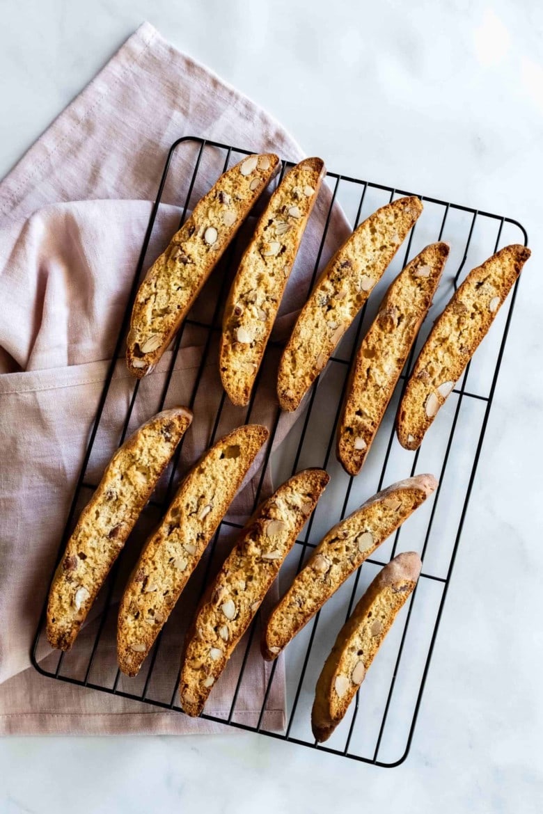 almond biscotti on a wire rack