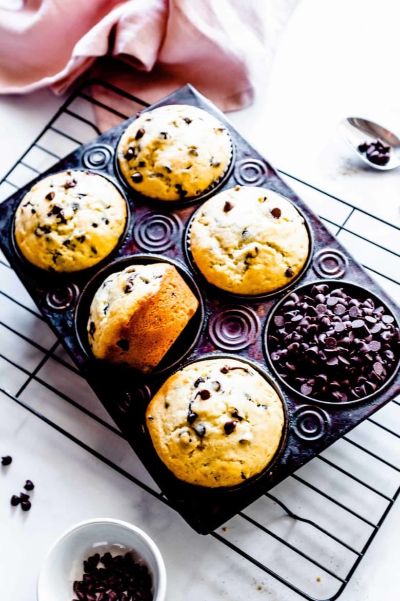 chocolate chip muffins in tin