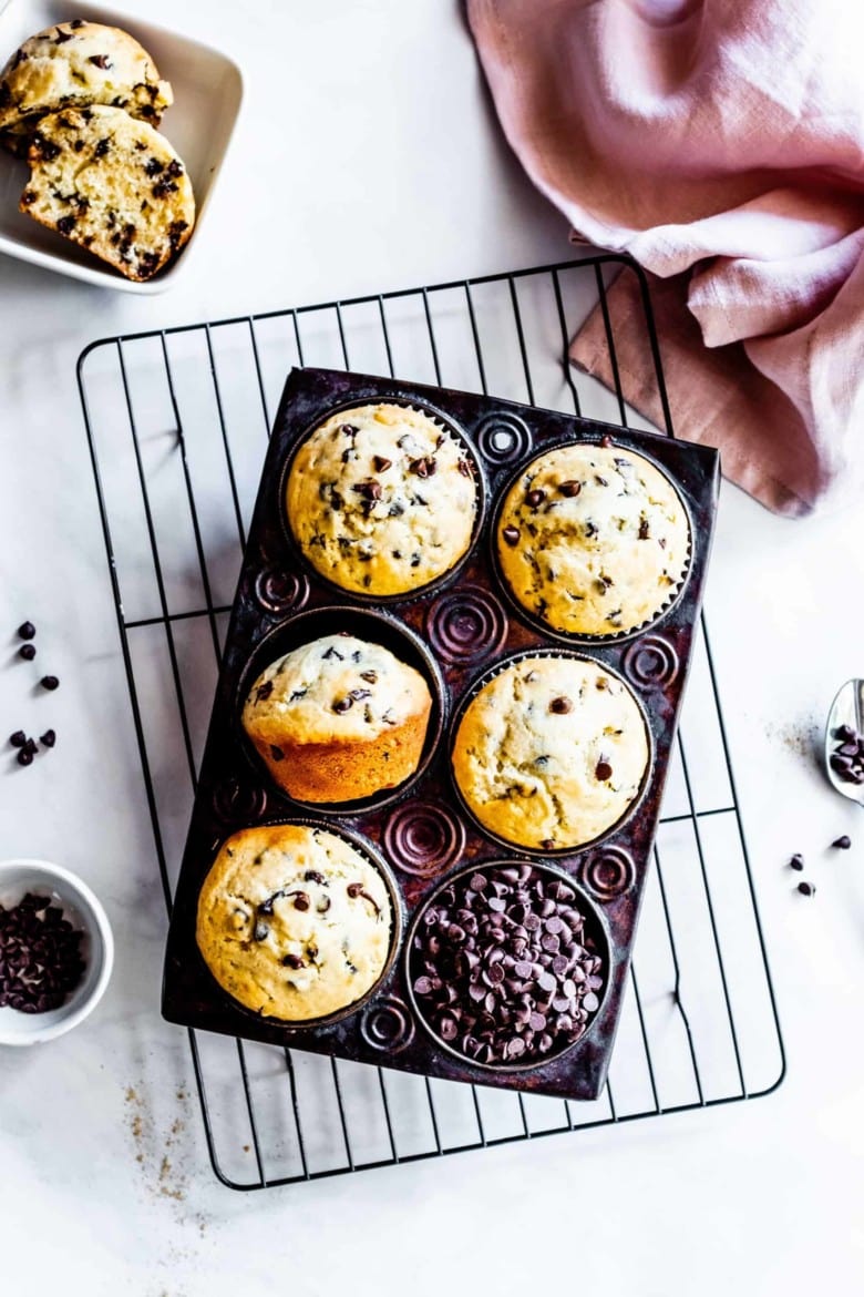 chocolate chip muffins in tin
