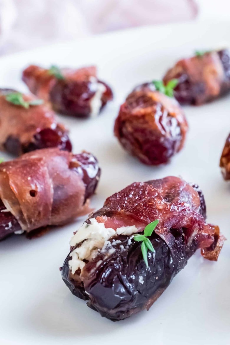 close up of prosciutto wrapped date