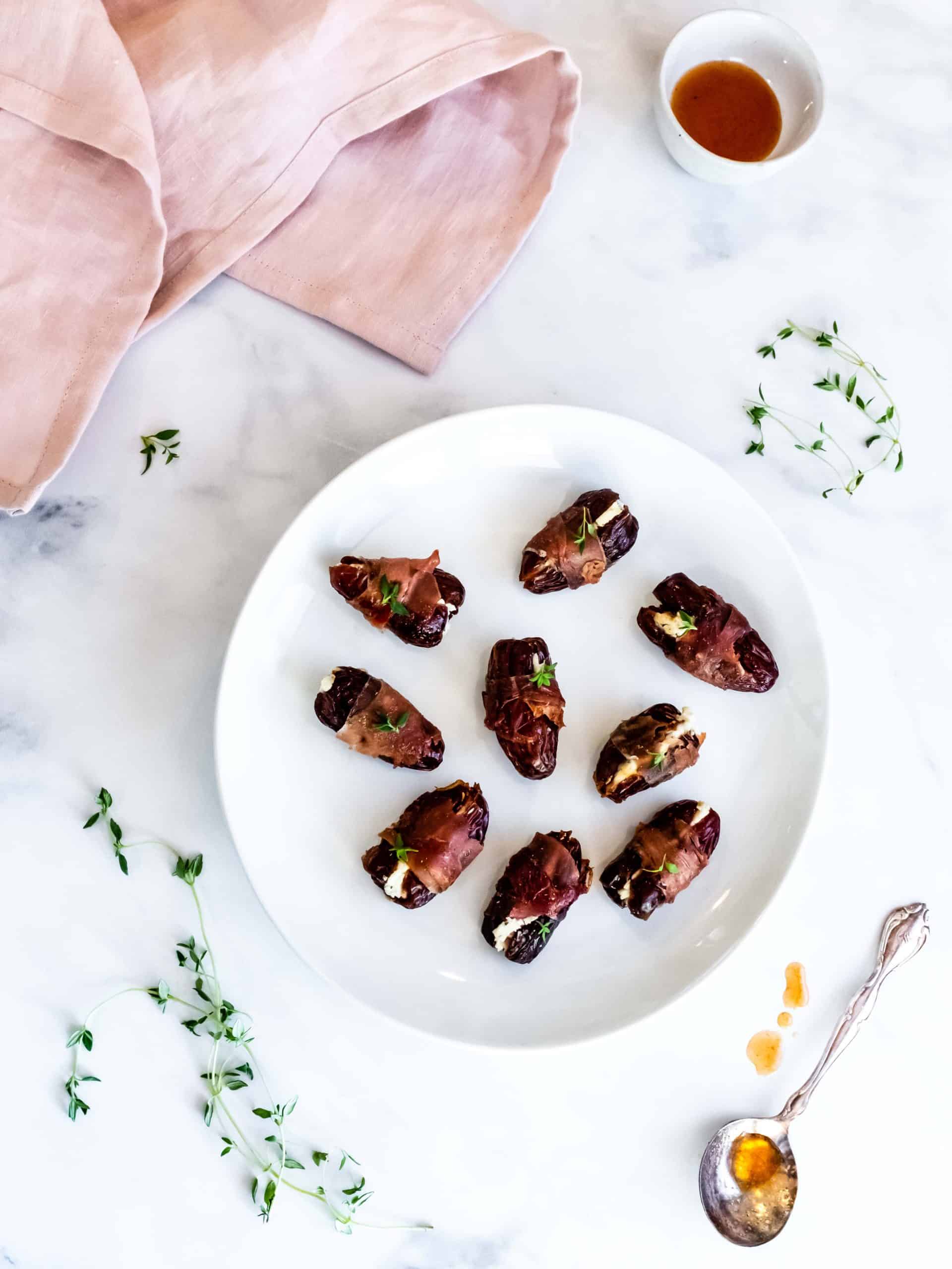prosciutto wrapped dates with goat cheese with thyme