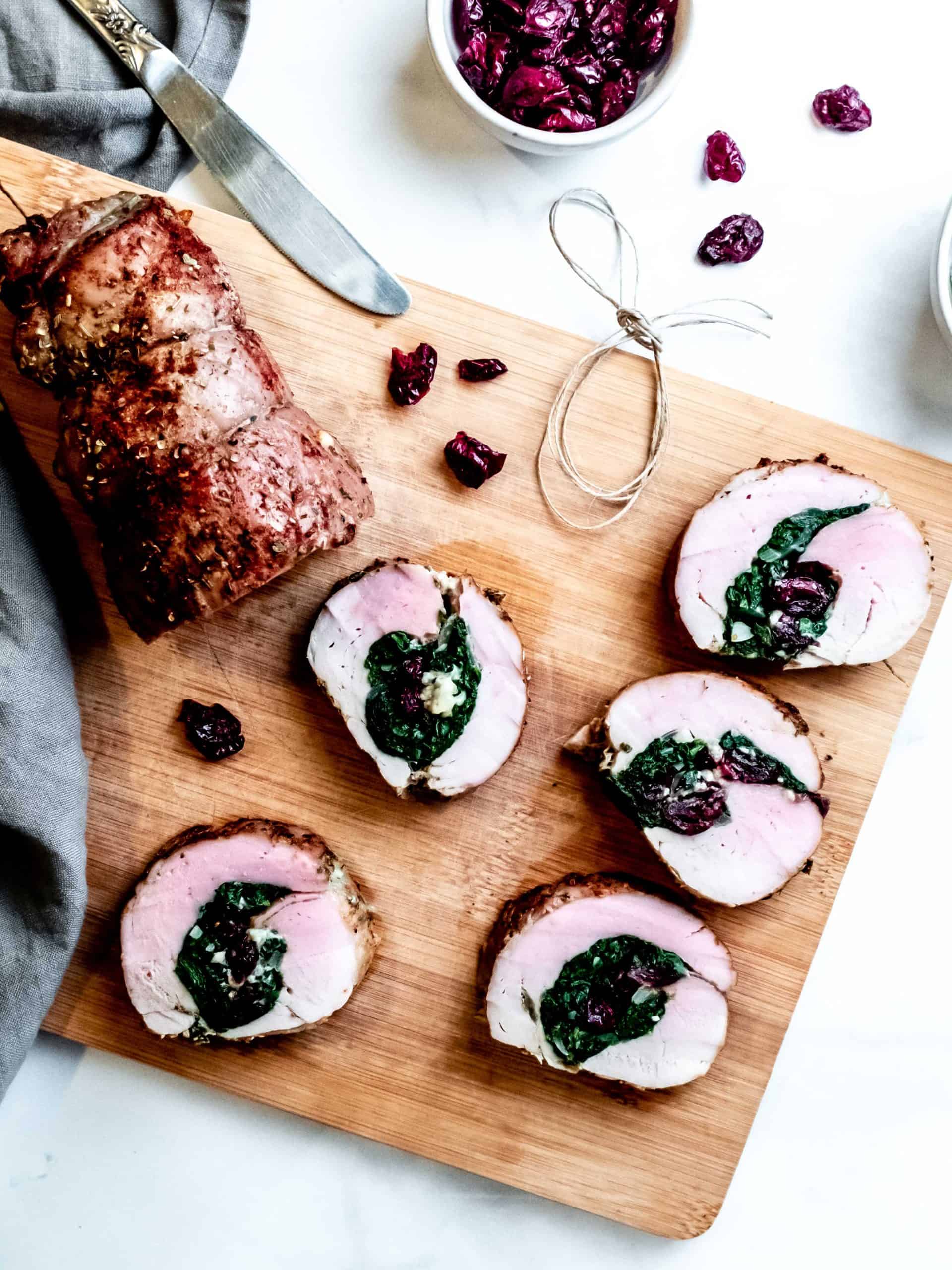 individual portions of stuffed pork tenderloin