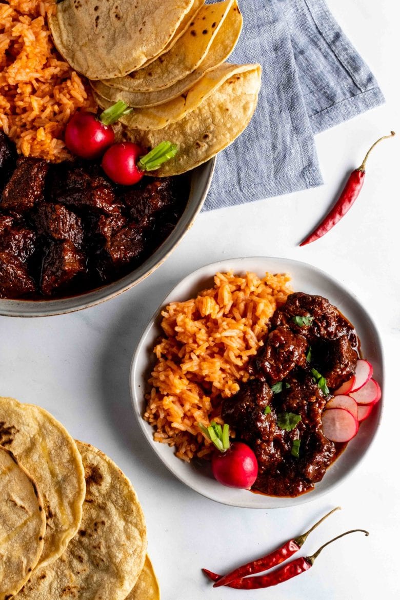 plate of chili colorado with rice