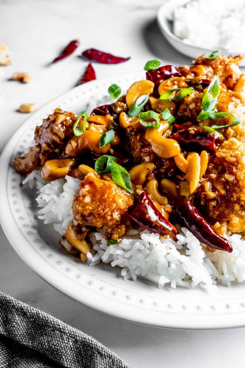 plate of rice with kung pao cauliflower