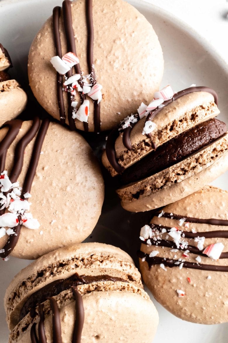 close up of macarons with mocha buttercream
