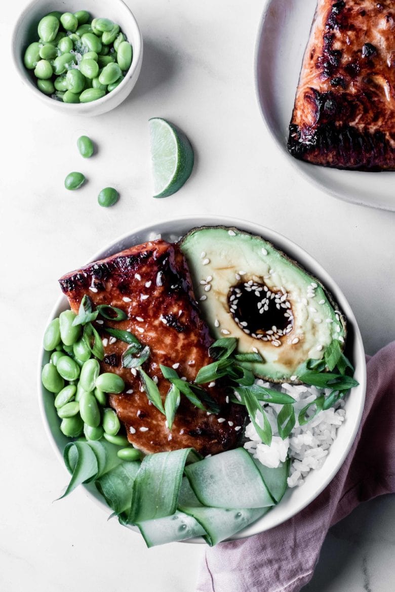 soy glazed salmon with rice and veggies