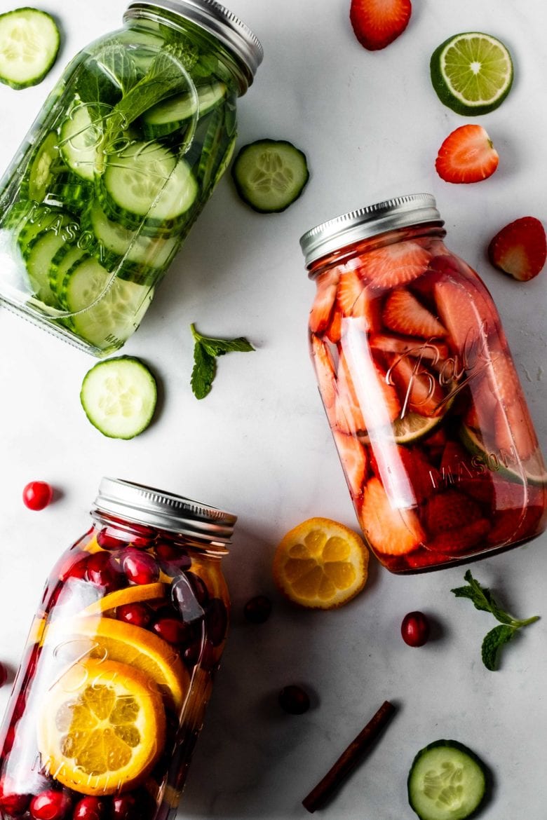 cucumber vodka, strawberry vodka and cranberry orange vodka