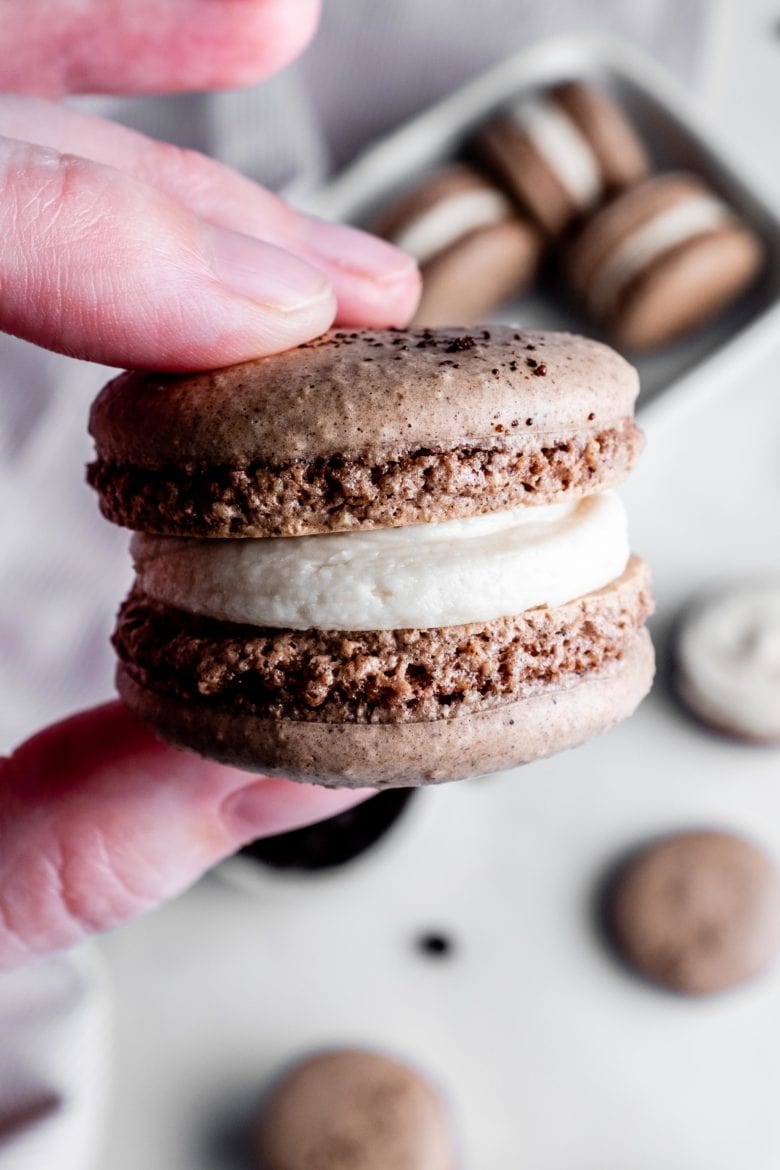 close up of chocolate kahlua macaron