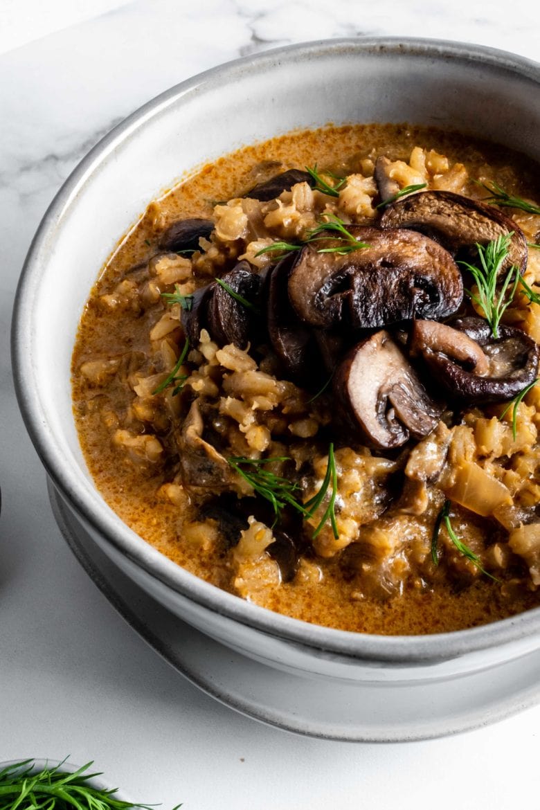bowl of barley soup with mushrooms and dill