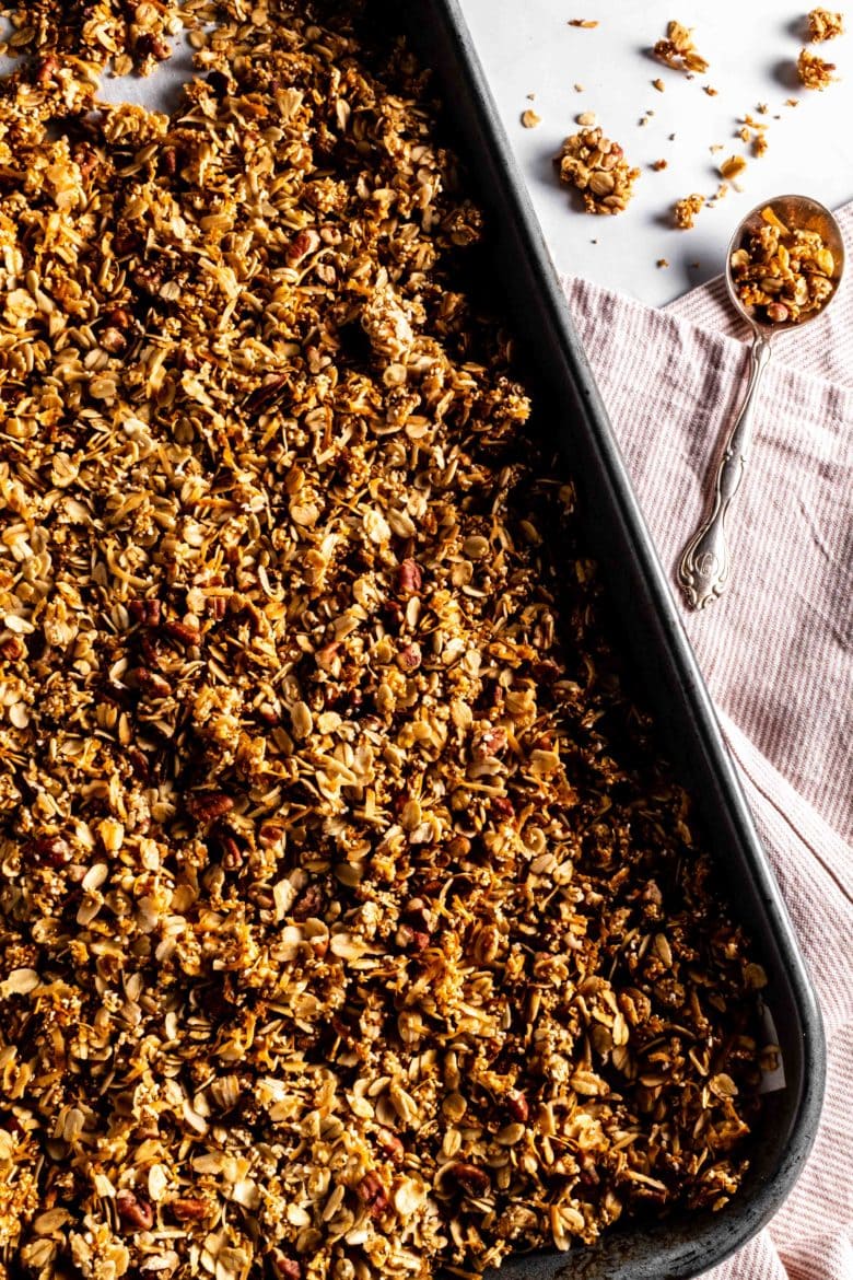 pan of coconut granola with oats, amaranth and pecans