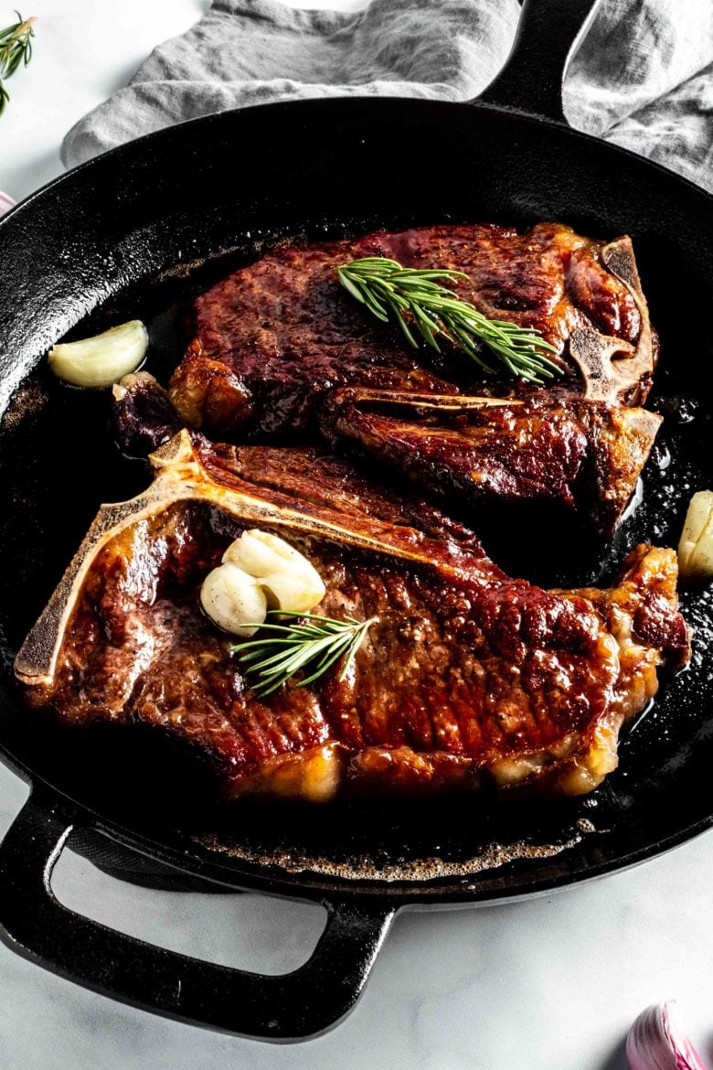 tbone steak in cast iron