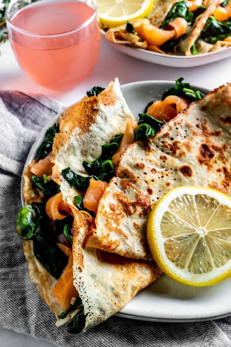 close up of smoked salmon and spinach crepes