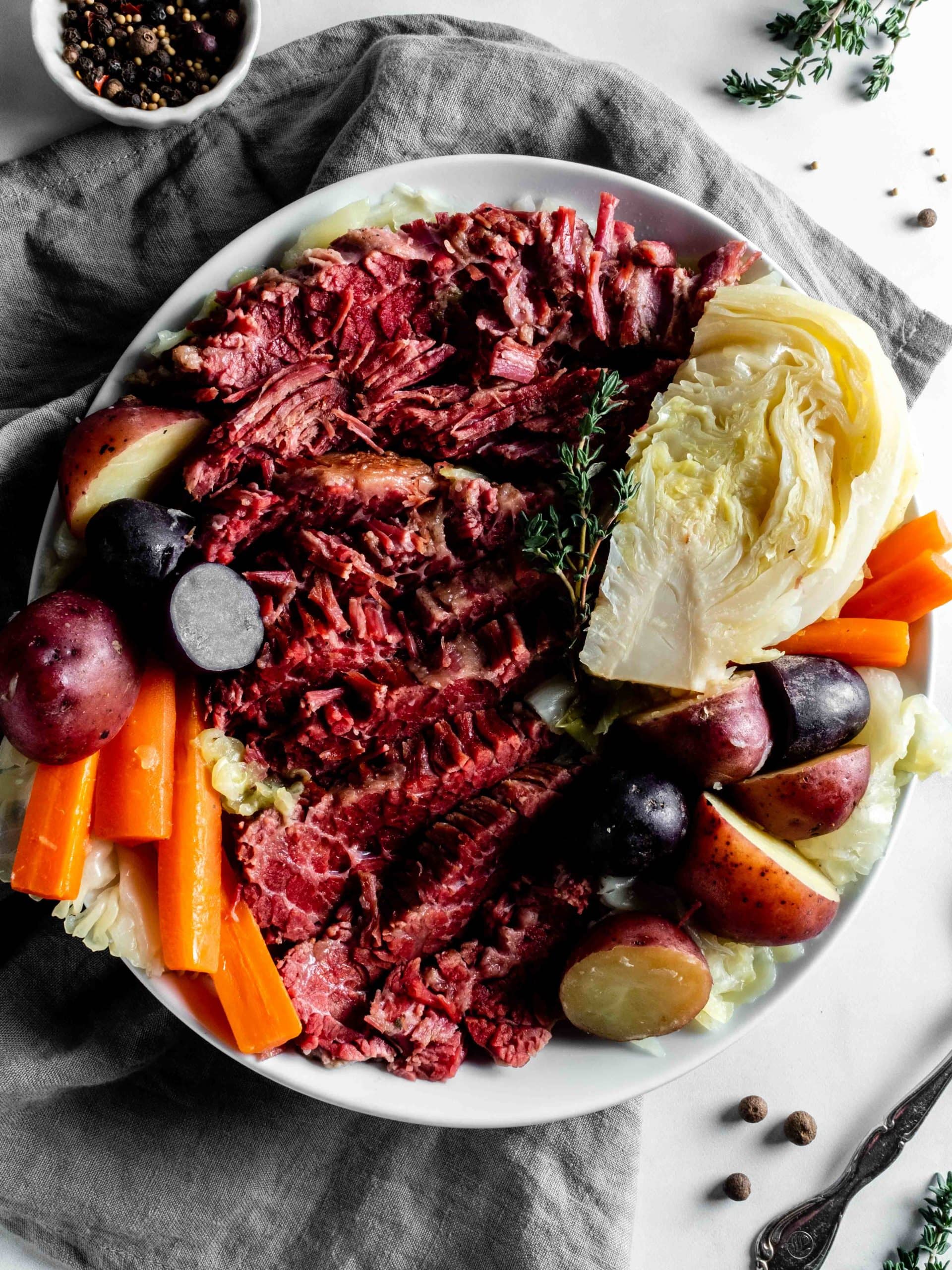 plate of corned beef with cabbage, carrots and potatoes