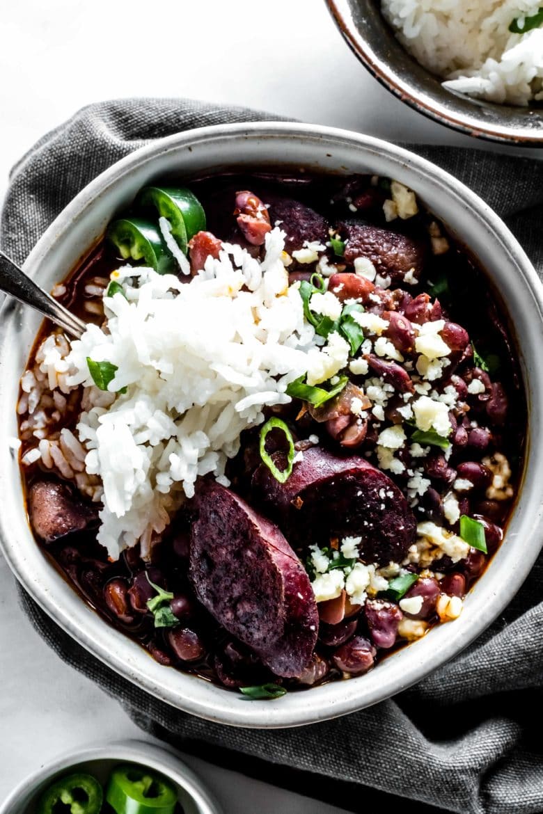 bowl of black bean soup with rice