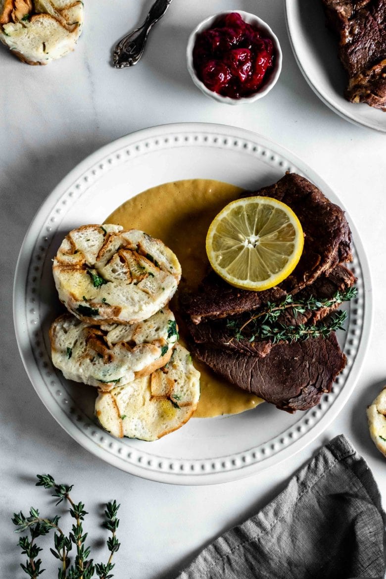 plate with beef sirloin and carlsbad knedliky