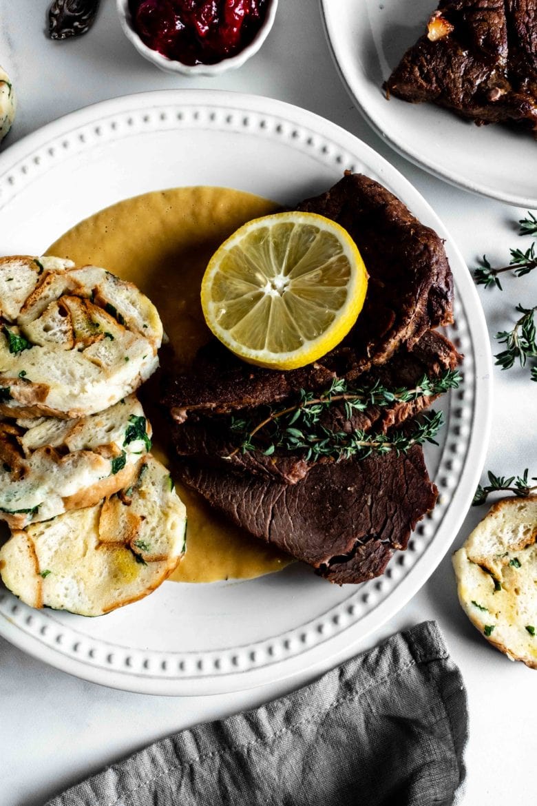 plate with beef sirloin and carlsbad knedliky