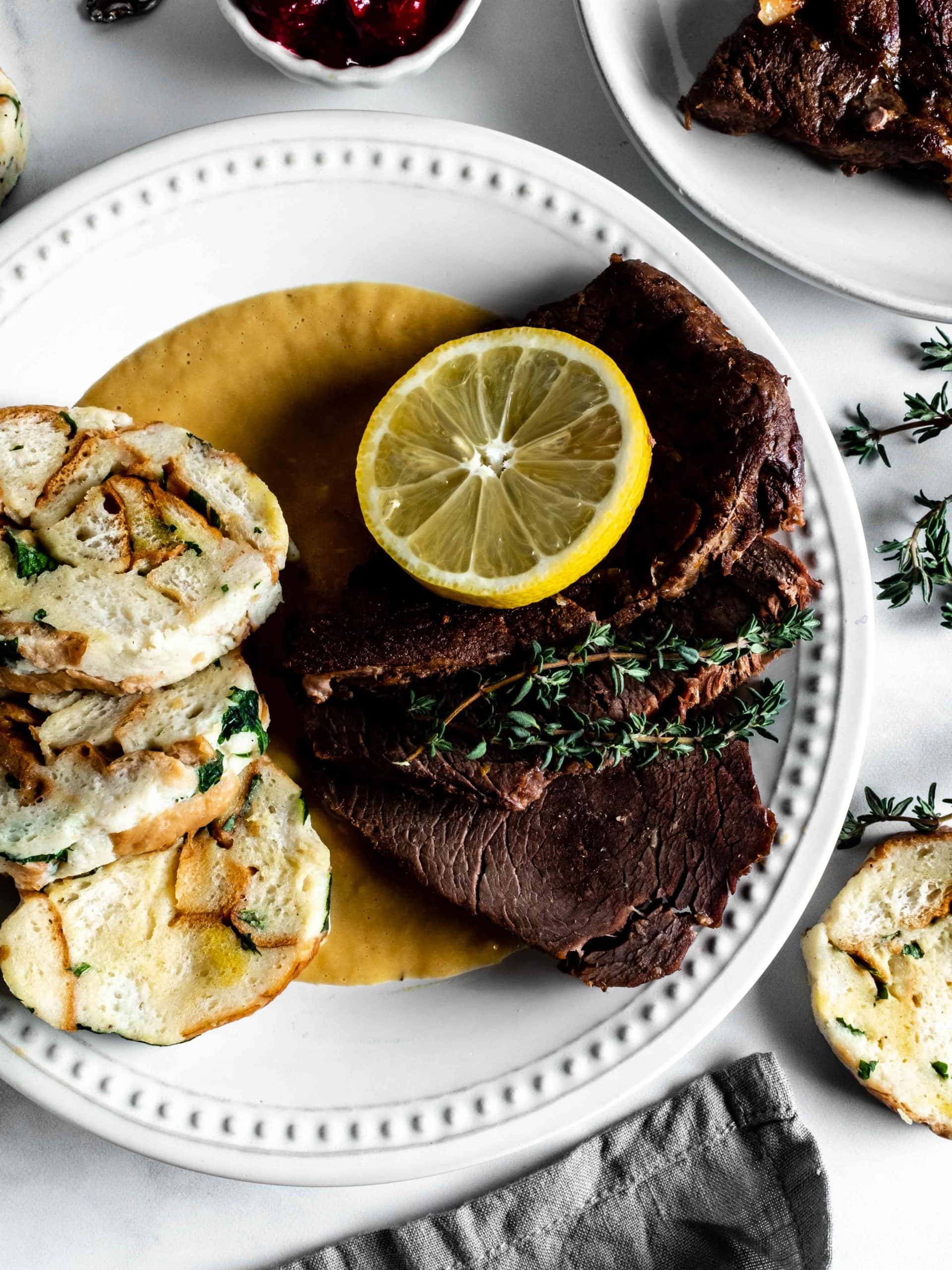 plate with beef sirloin and carlsbad knedliky