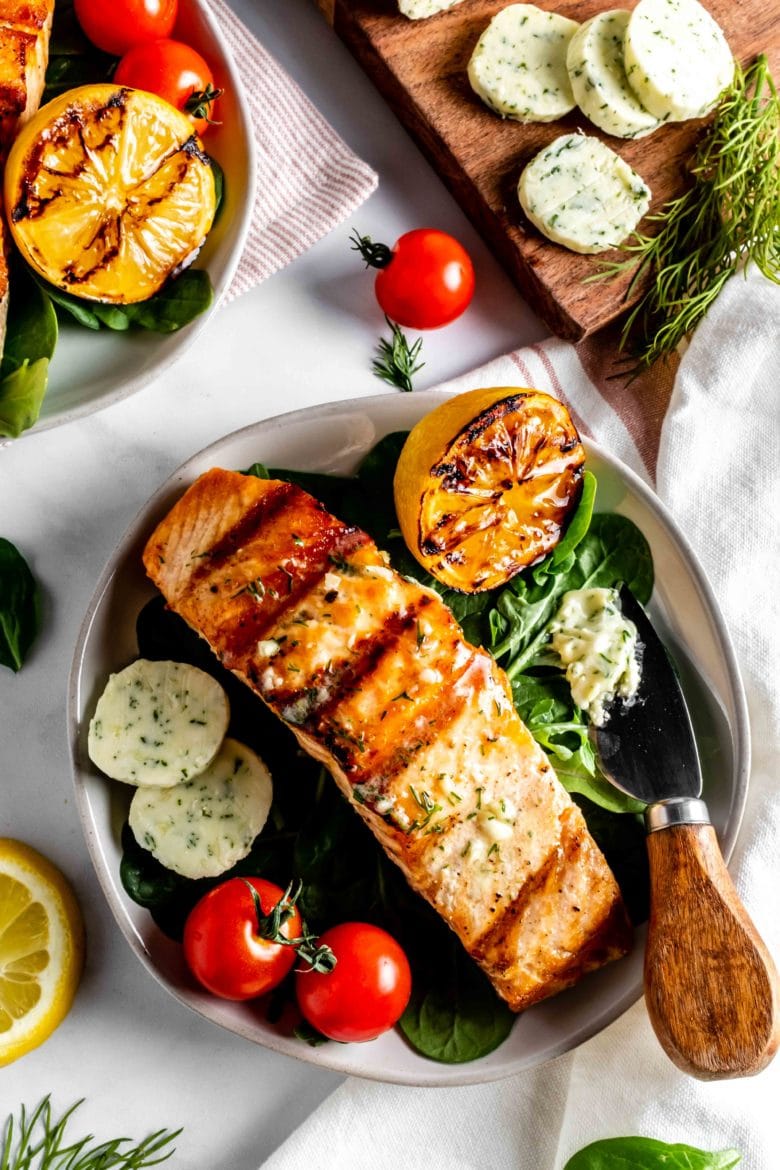 grilled salmon with charred lemon and dill butter