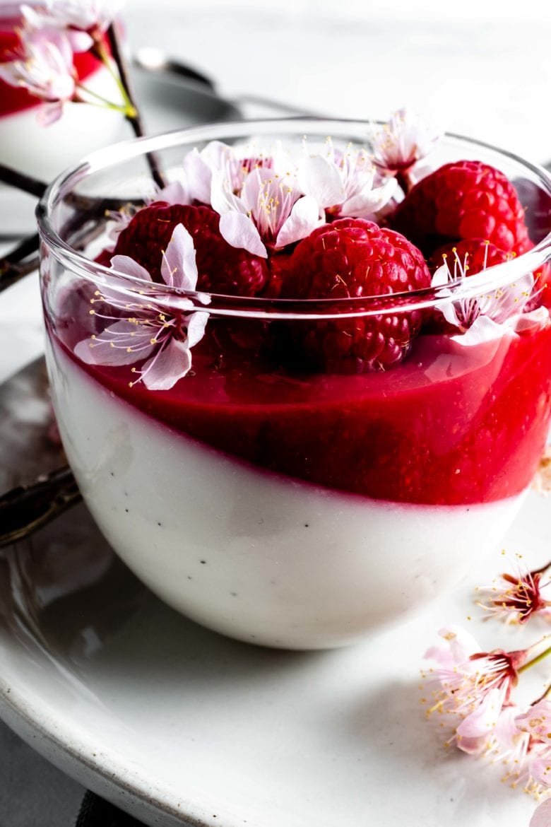 cup of panna cotta and raspberry coulis topped with raspberries