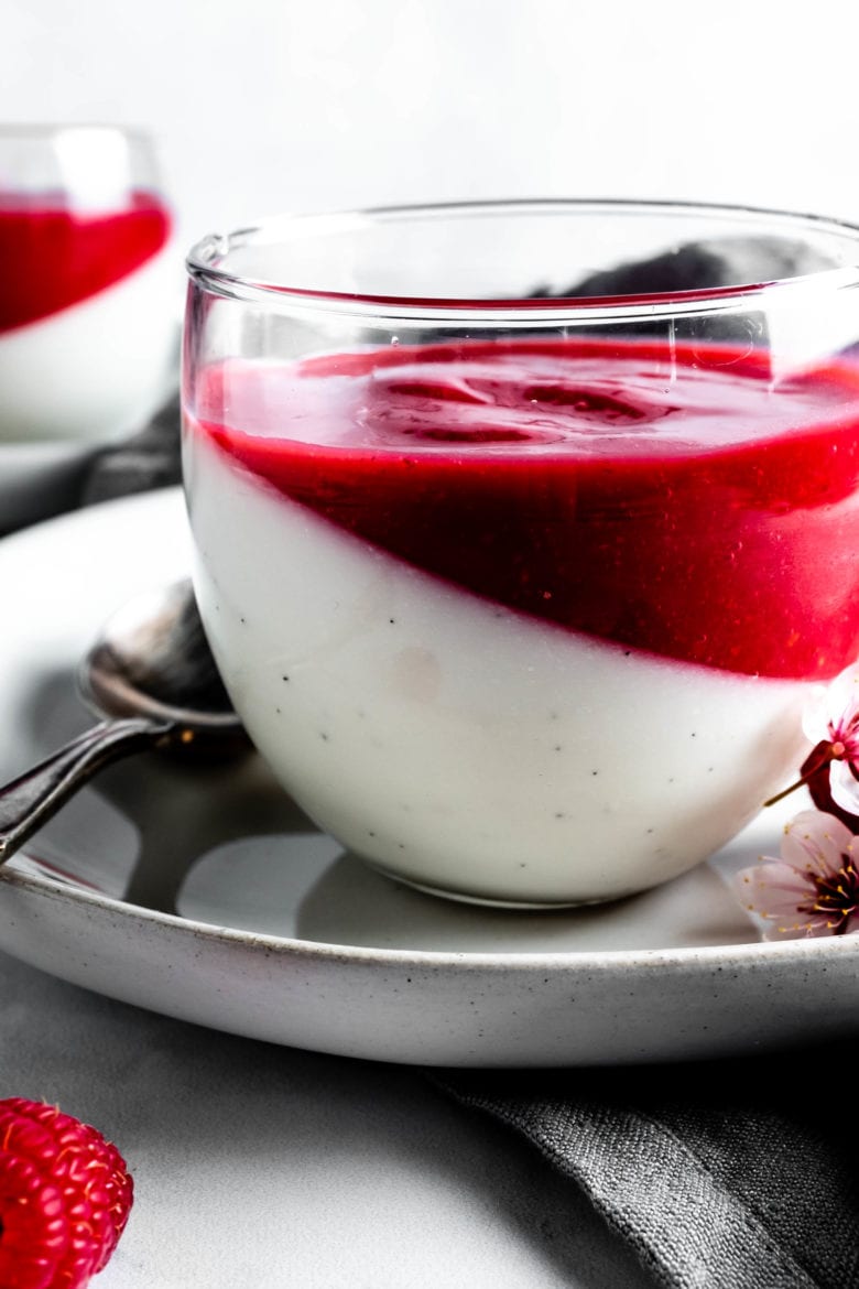 cup filled with coconut panna cotta and raspberry coulis