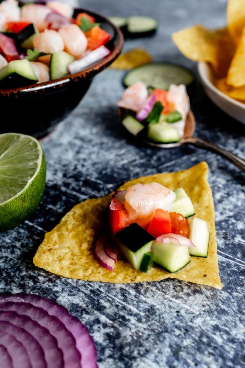 tortilla chip topped with ceviche
