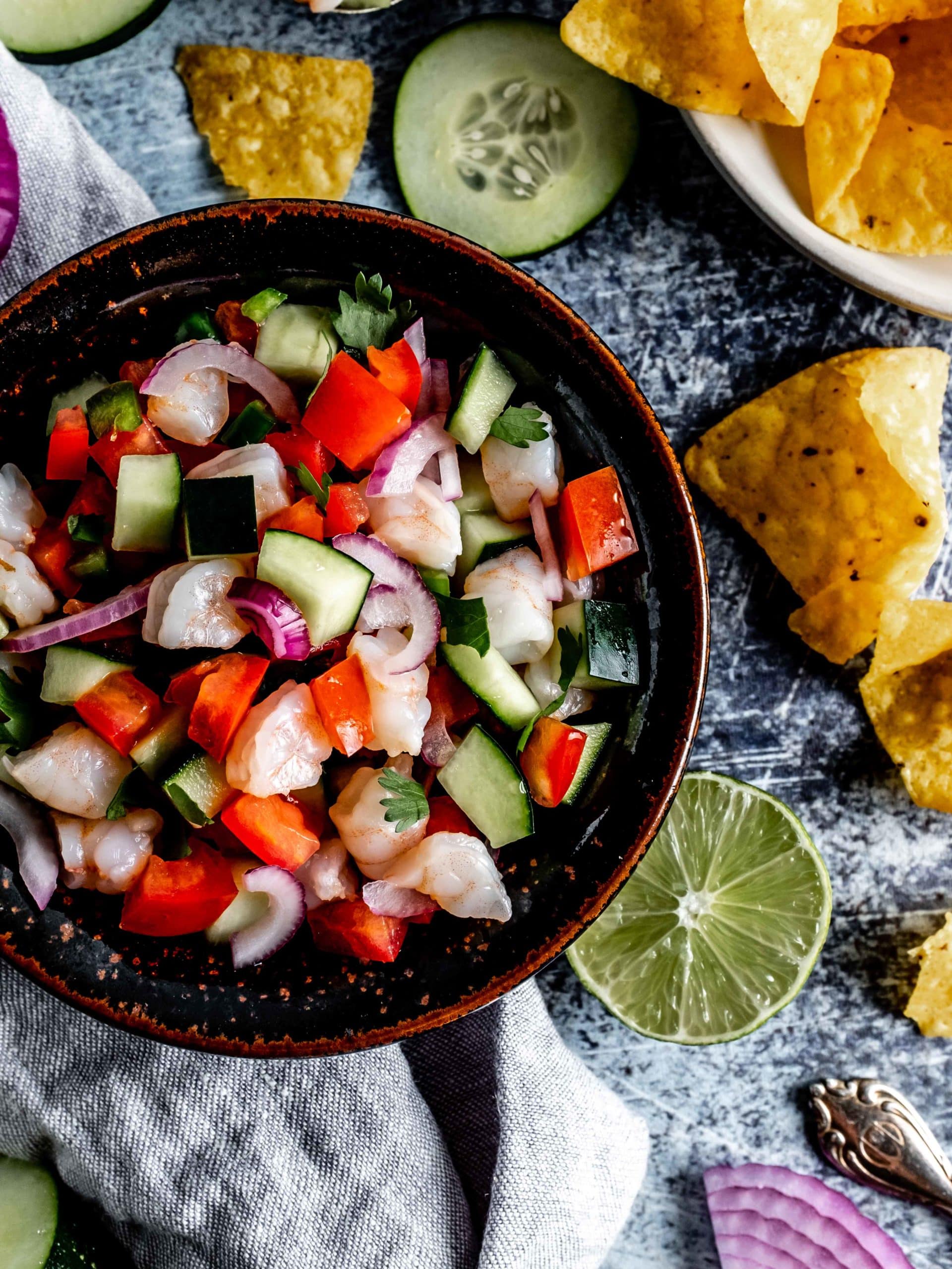 bowl of shrimp ceviche with tortilla chips
