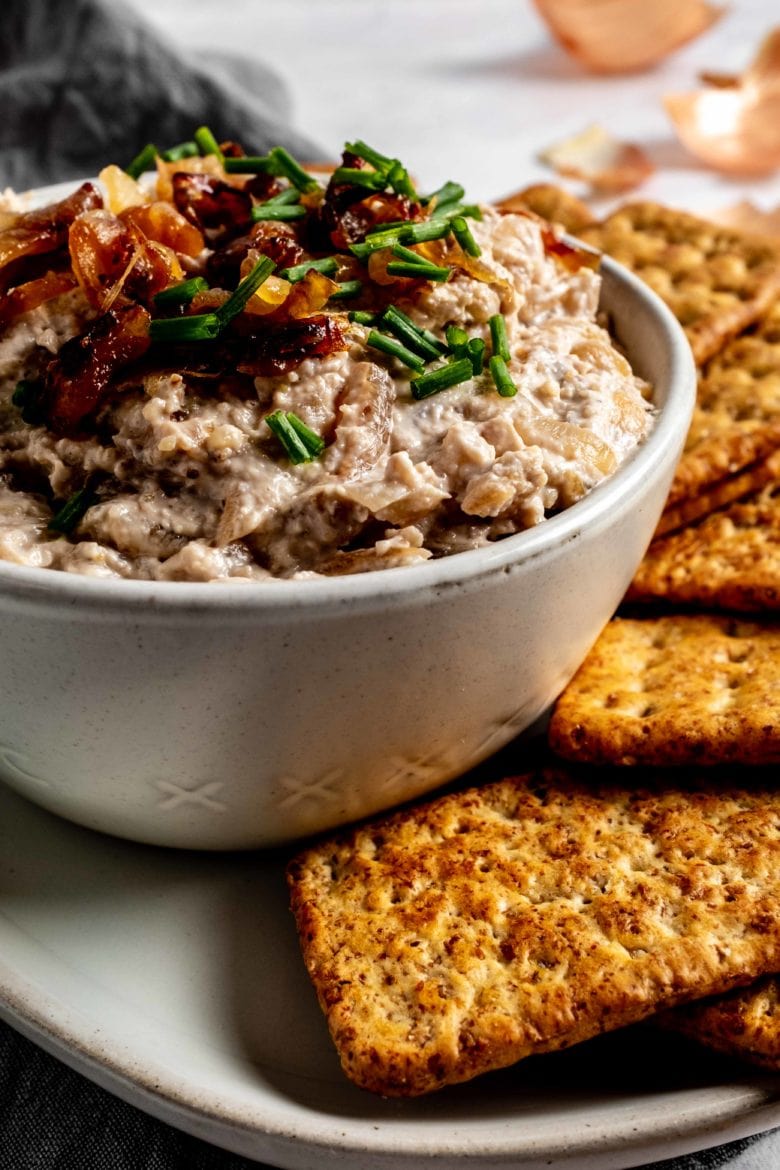 close up of walnut and caramelized onion dip