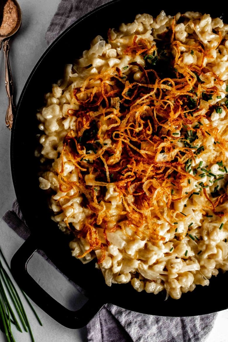 cheese spätzle with fried onions and chives