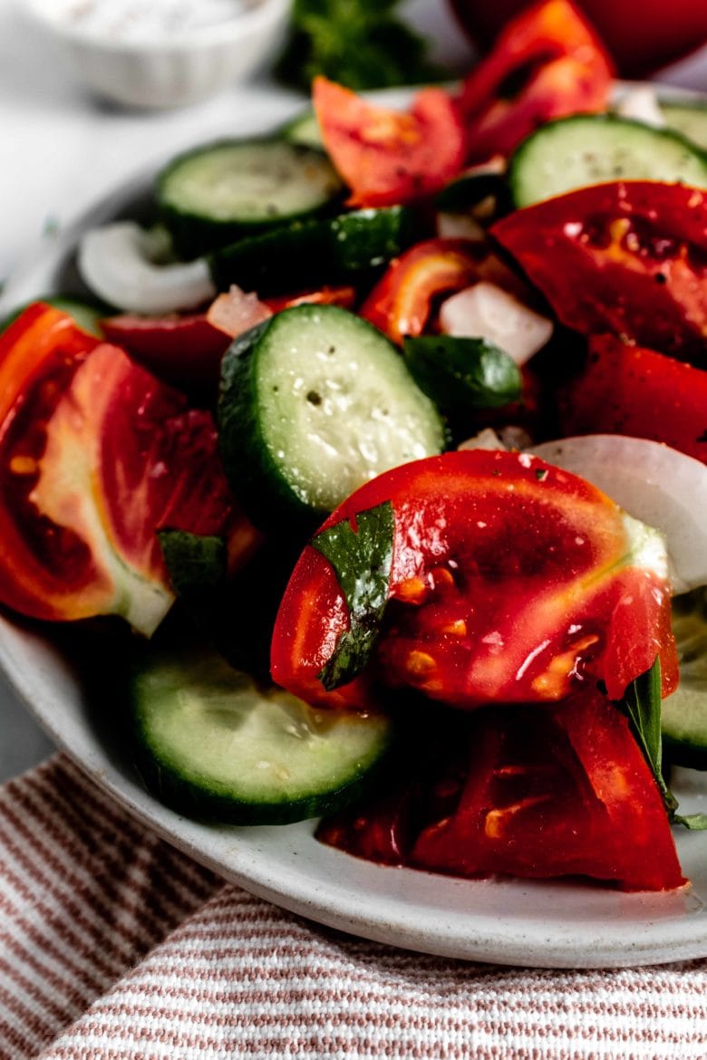 close up of tomato cucumber salad