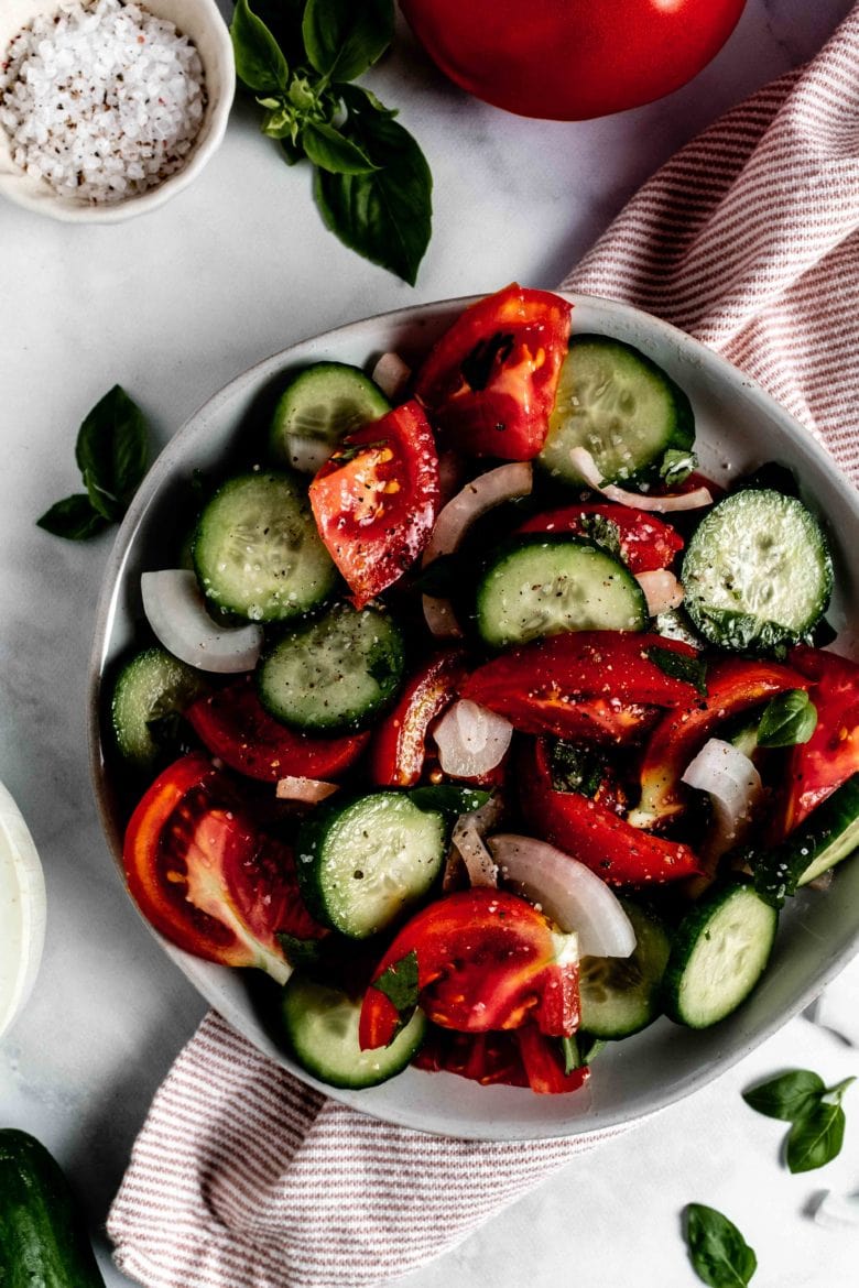 plate with cucumber tomato salad