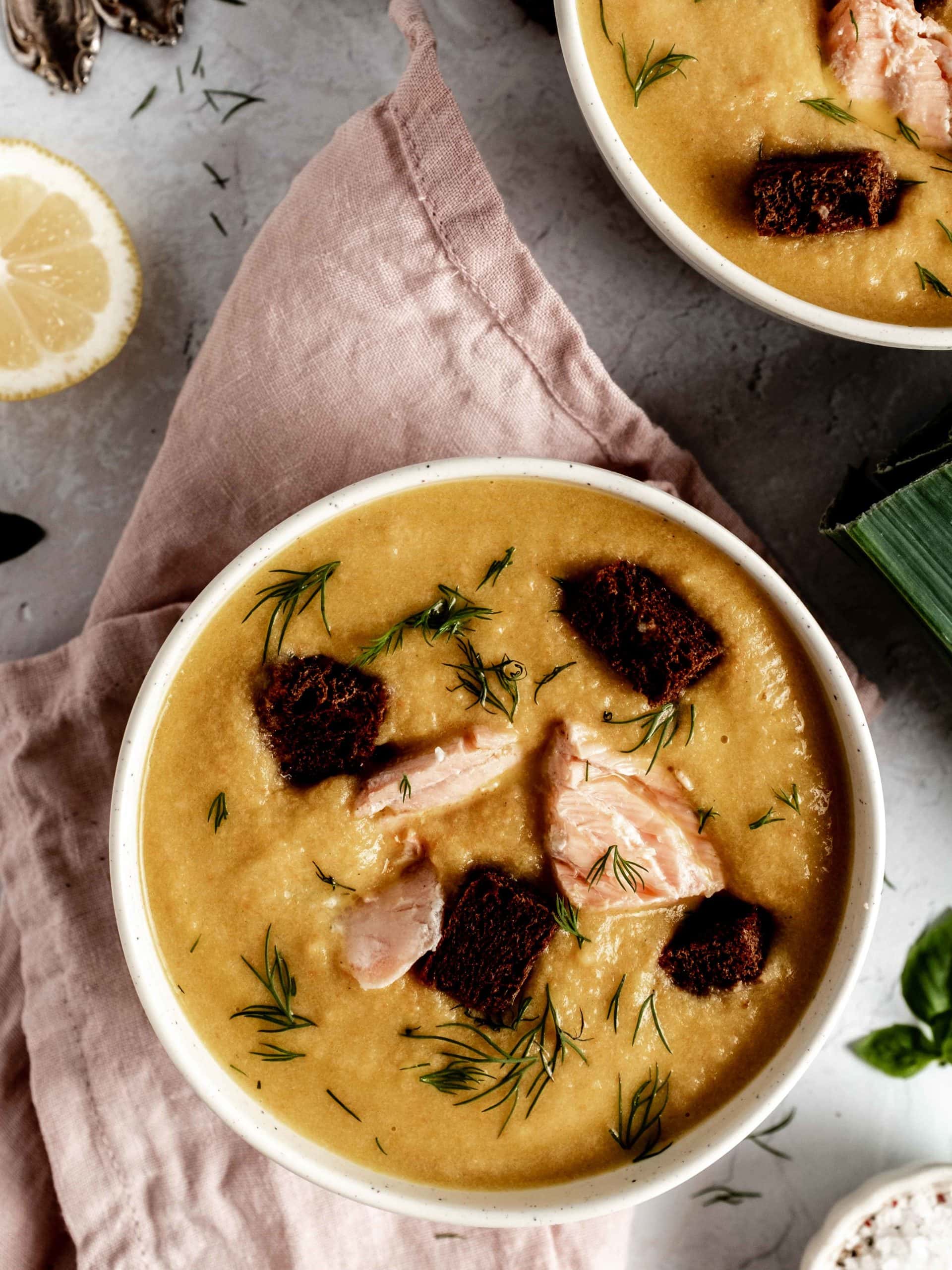 salmon soup with croutons and dill