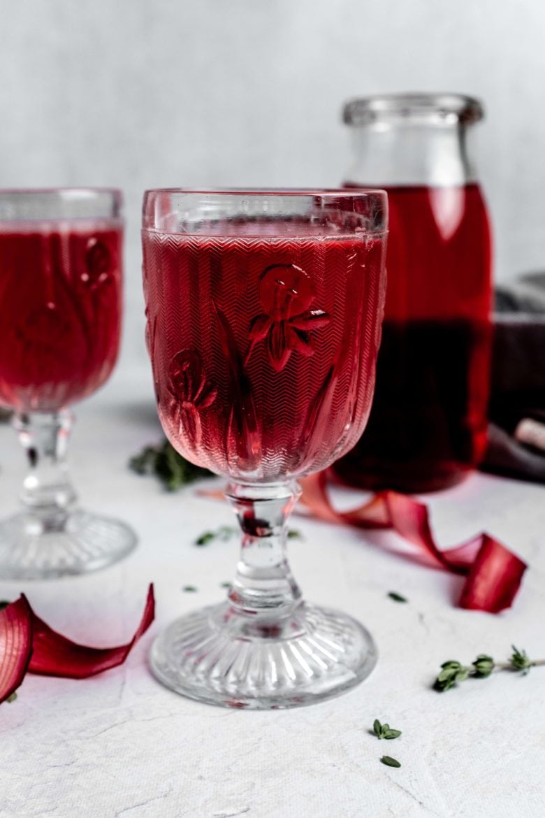 small glasses with rhubarb infused vodka