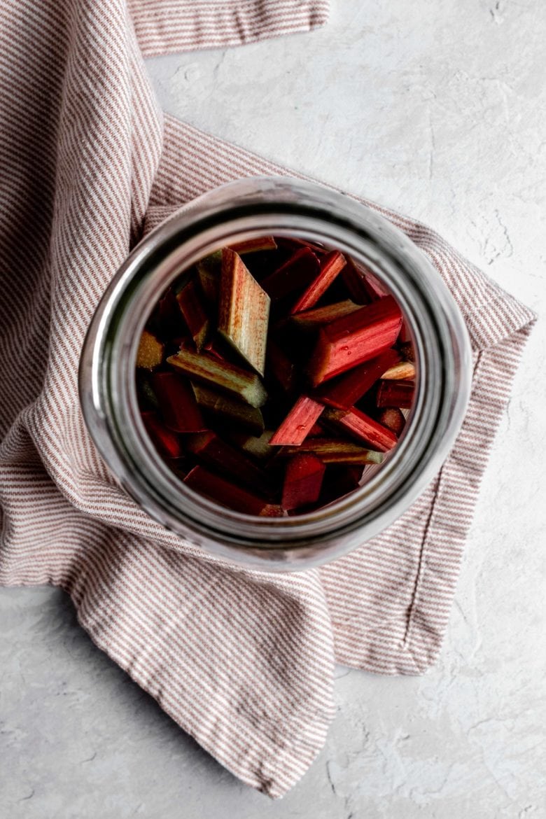 jar with freshly cut rhubarb