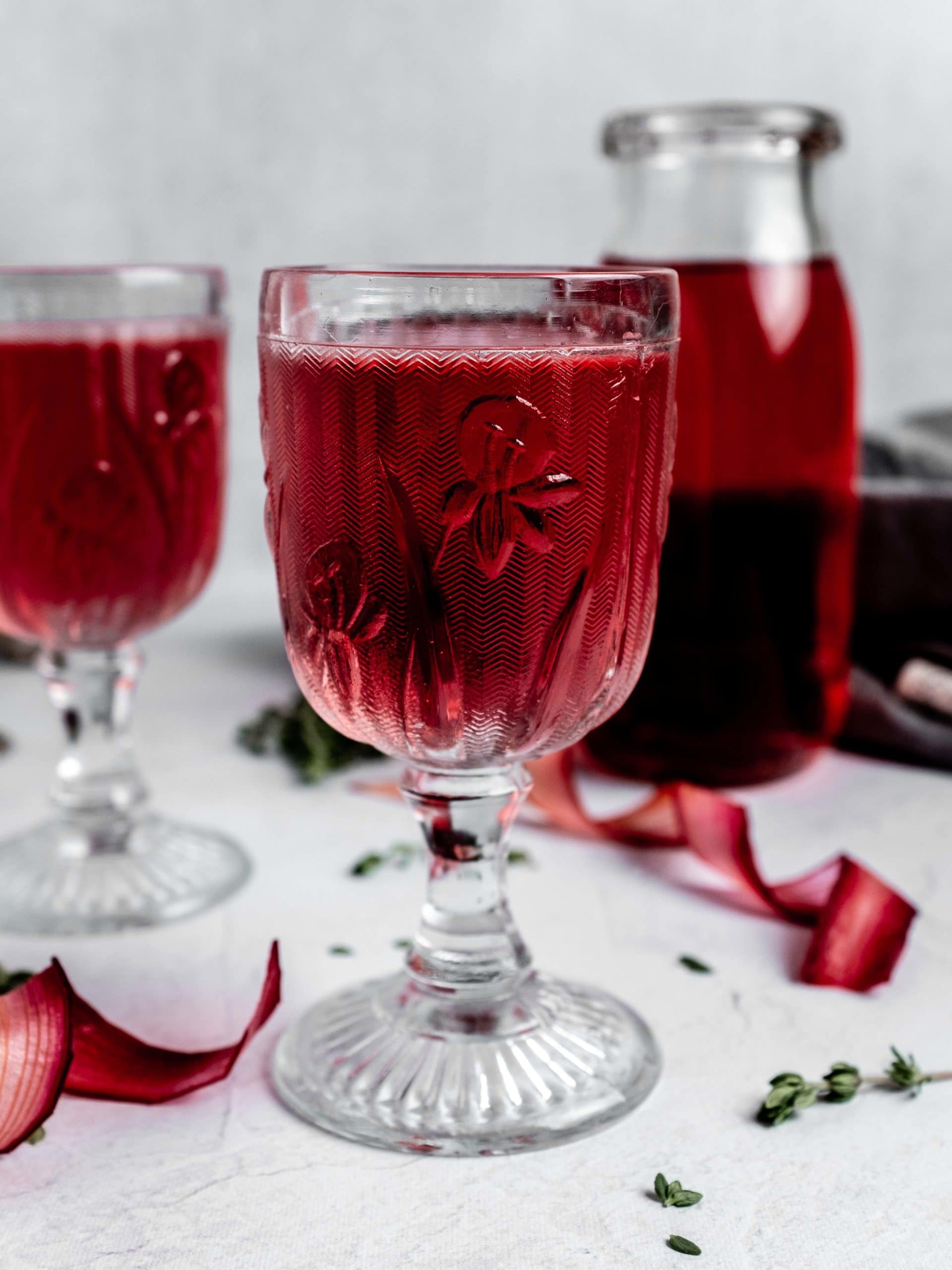 small glasses with rhubarb infused vodka