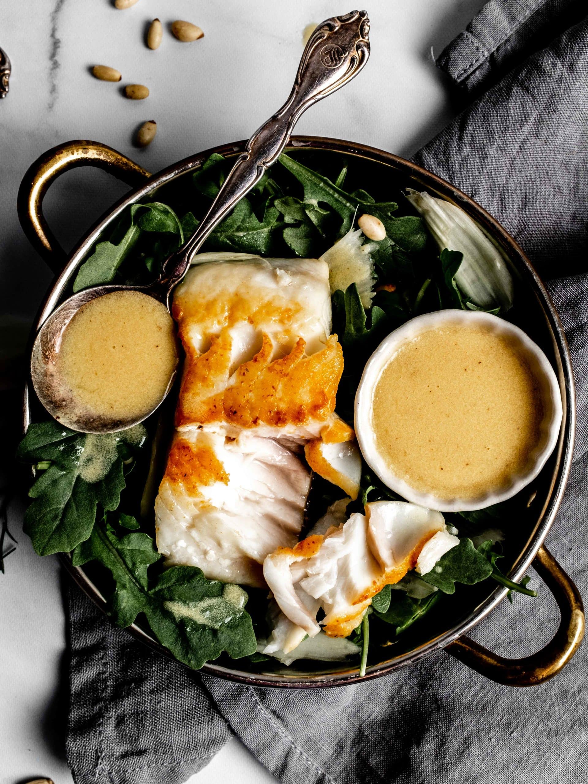 Seared Sablefish with Arugula and Fennel + Brown Butter Dijon Dressing