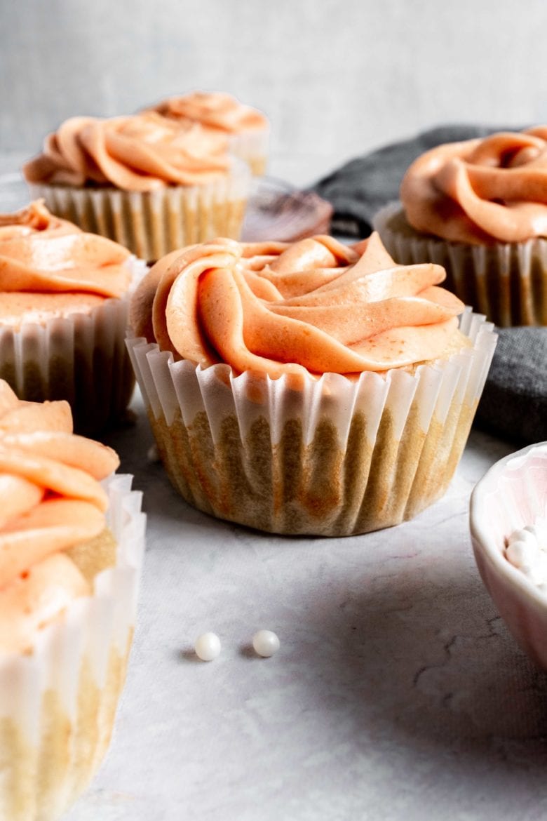 guava cupcakes frosted with guava buttercream