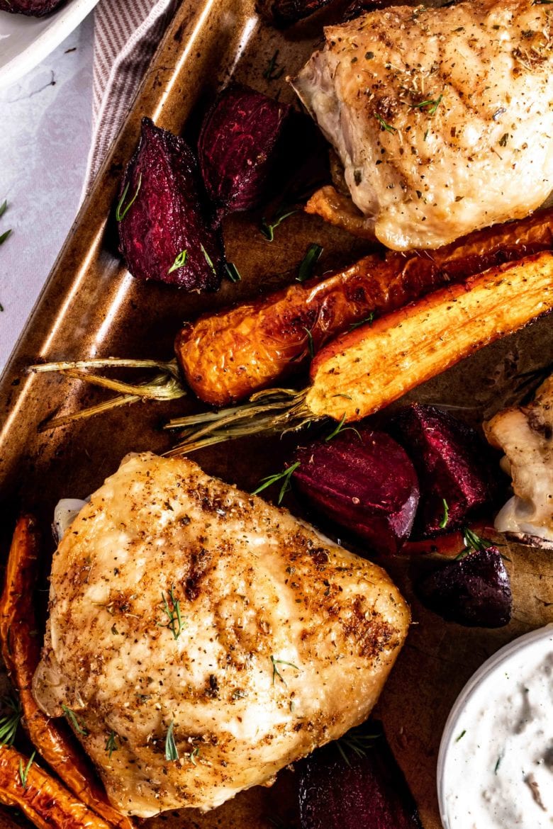 sheet pan with carrots, beets and chicken