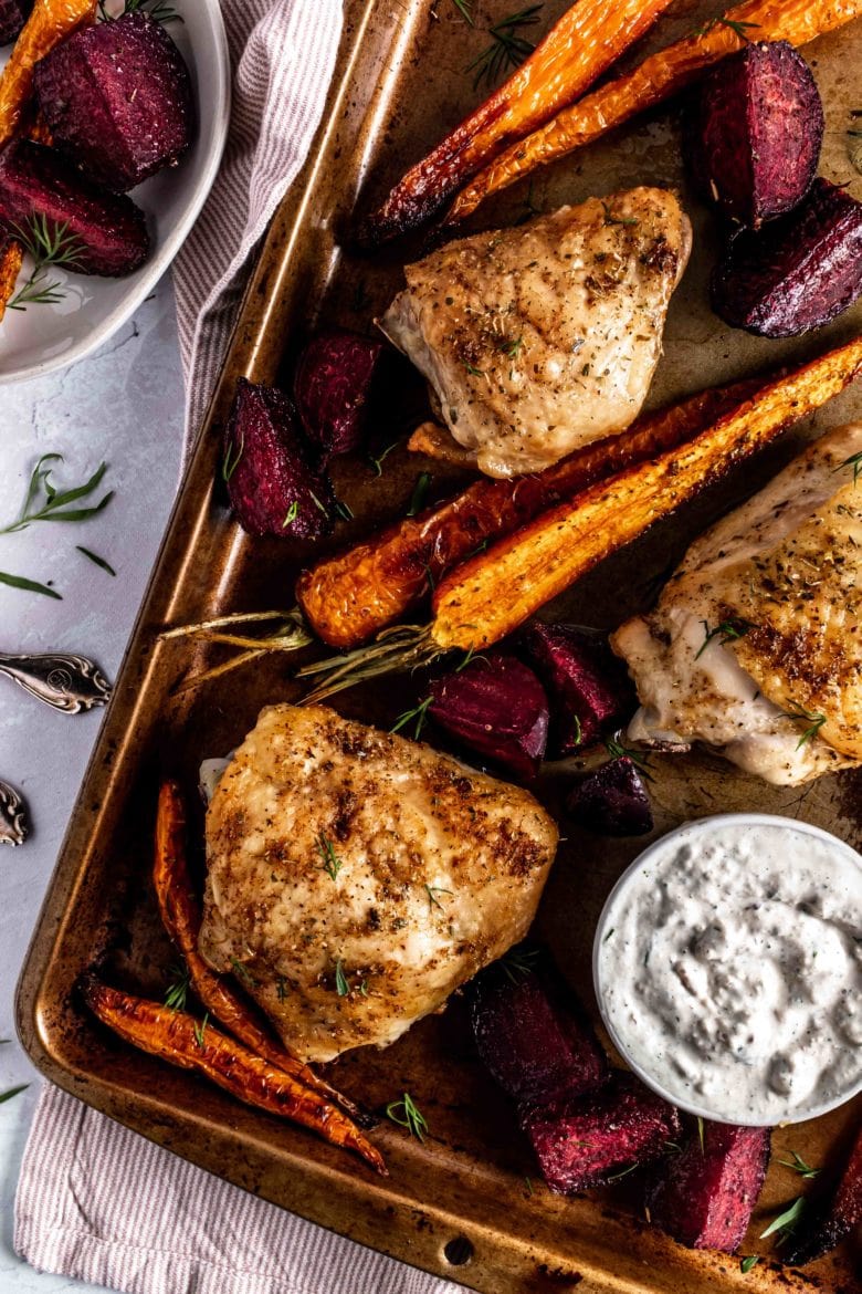 sheet pan with roasted chicken and veggies