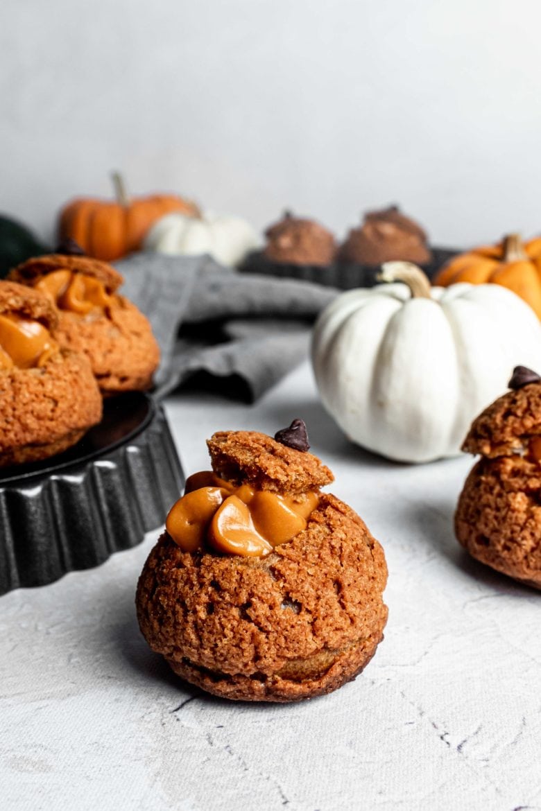 pumpkin shaped choux with thai tea pastry cream