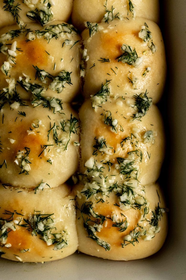 close up of garlic dill topping