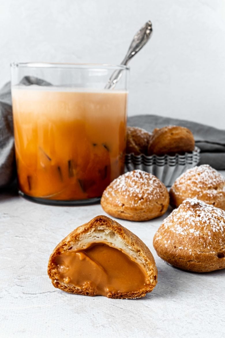 close up of thai tea cream puff