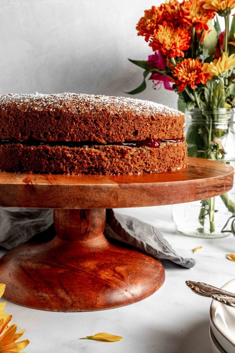 buckwheat jam cake on a stand