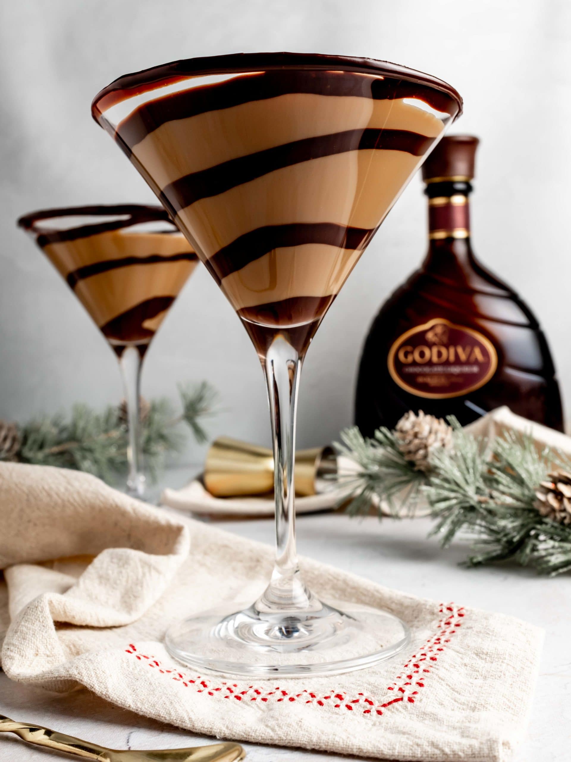 chocolate martini in glass with chocolate ganache