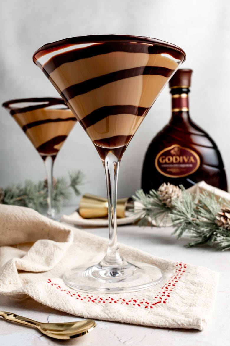 chocolate martini in glass with chocolate ganache