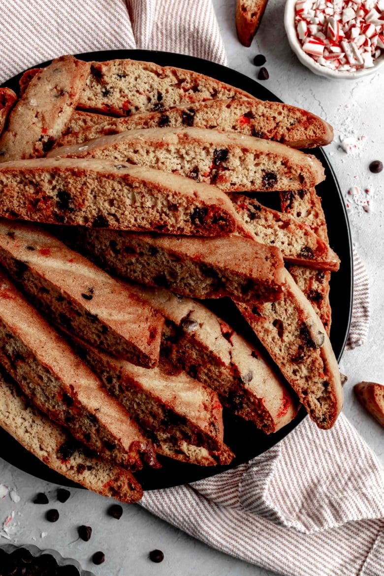 plate of chocolate candy cane biscotti