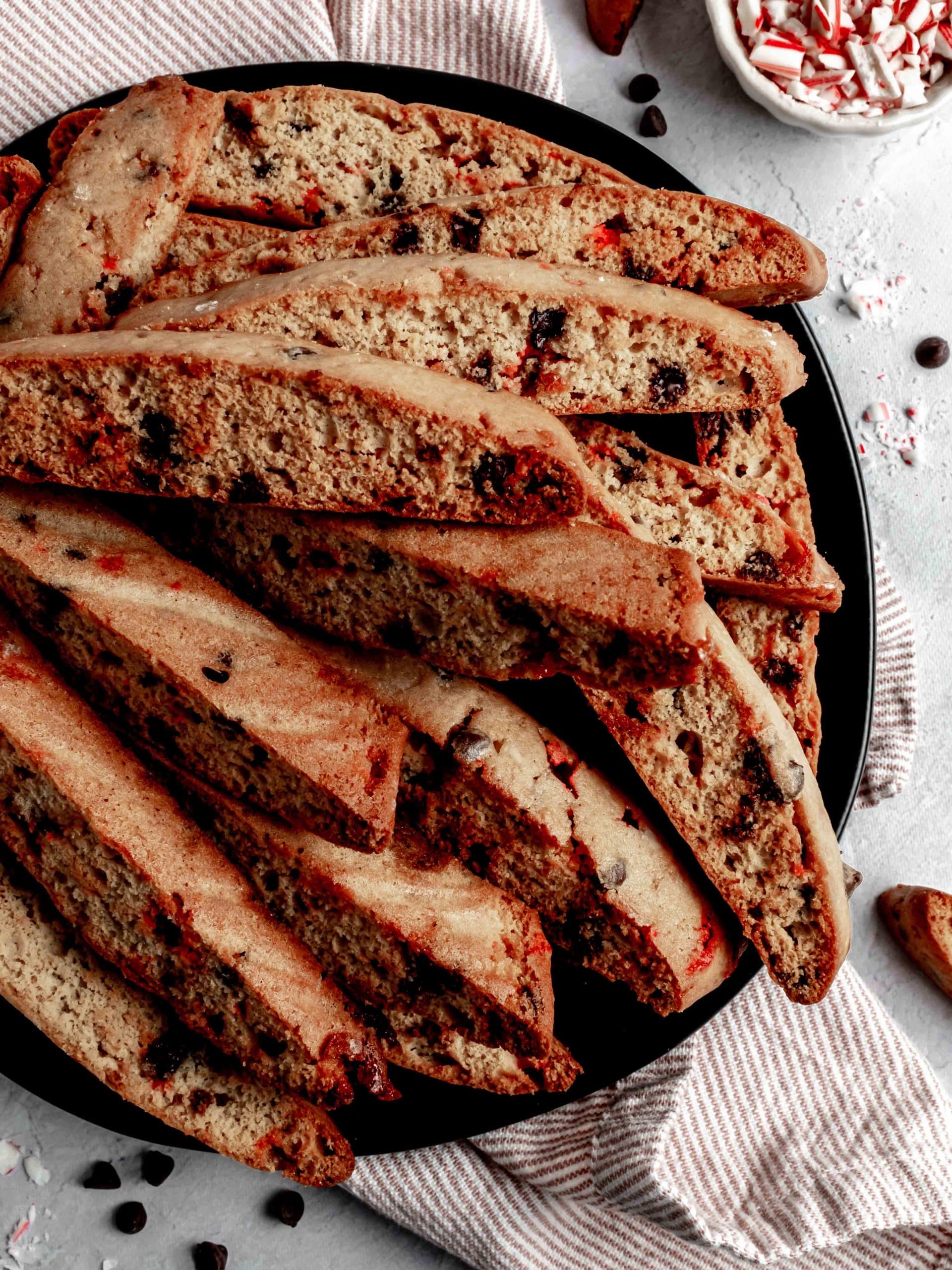 plate of chocolate candy cane biscotti