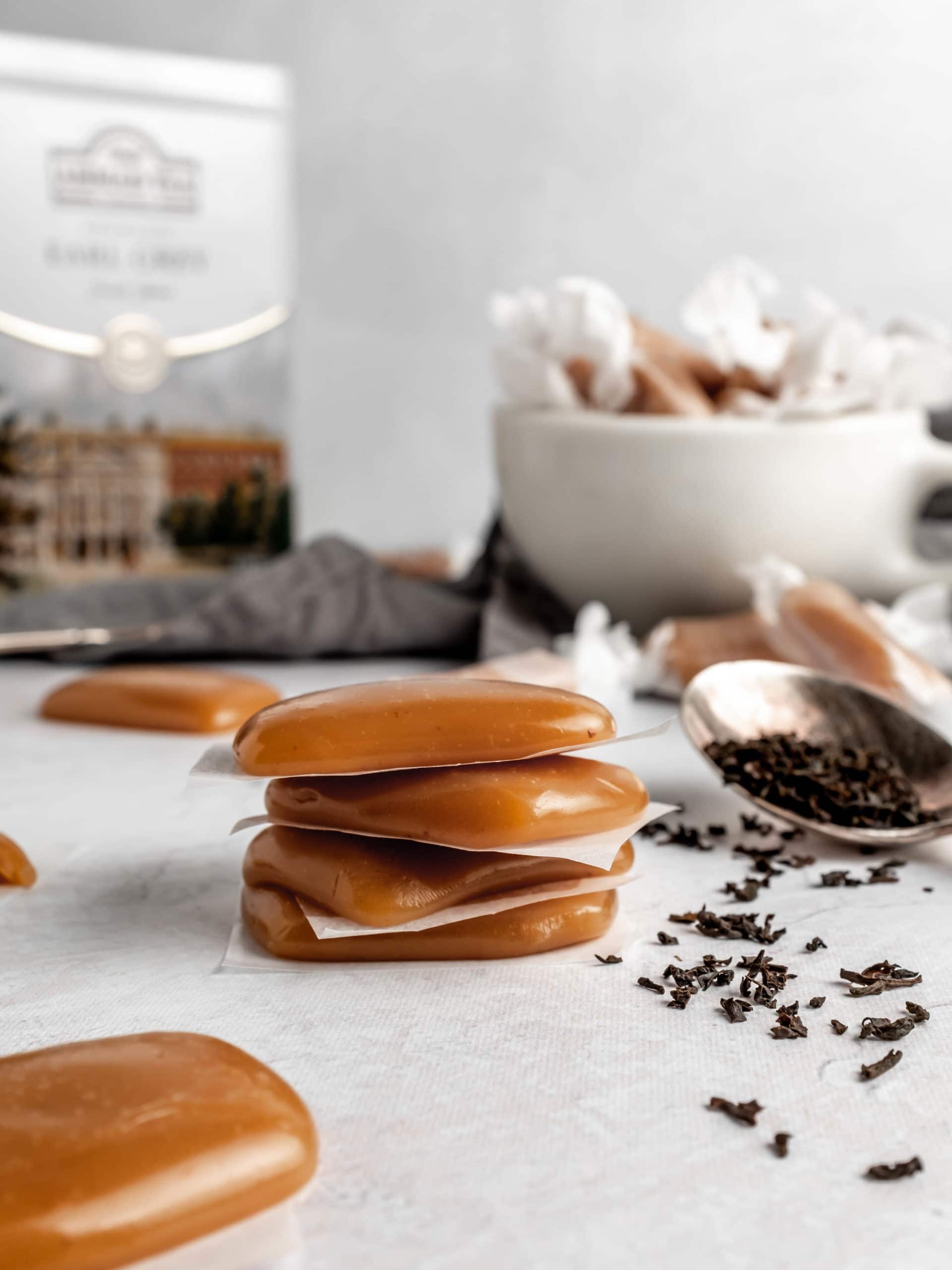 stack of earl grey infused soft caramels with loose leaf tea