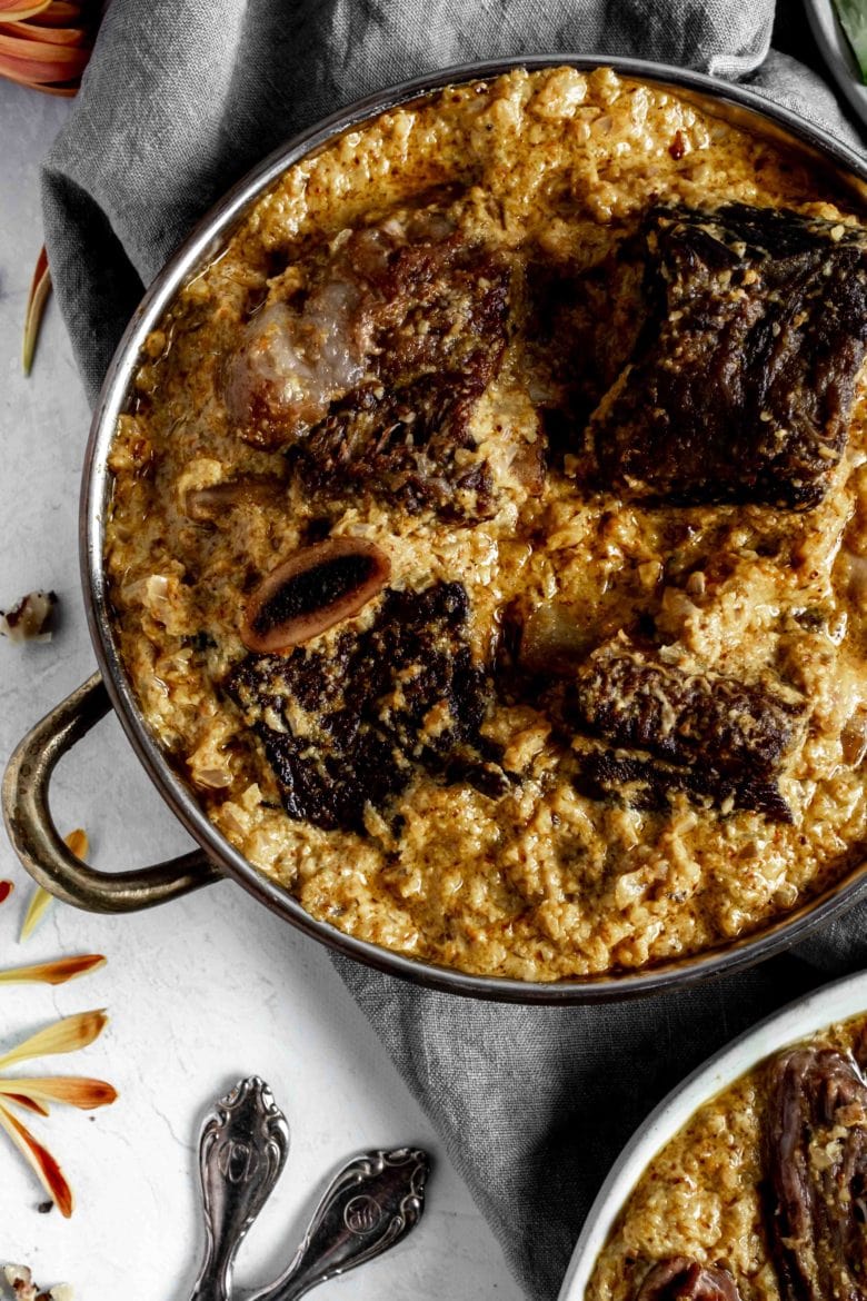 small pot of marigold braised beef and walnut stew