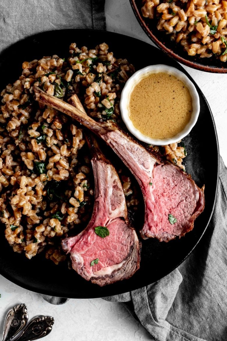 lamb chops with herby farro and dijon sauce